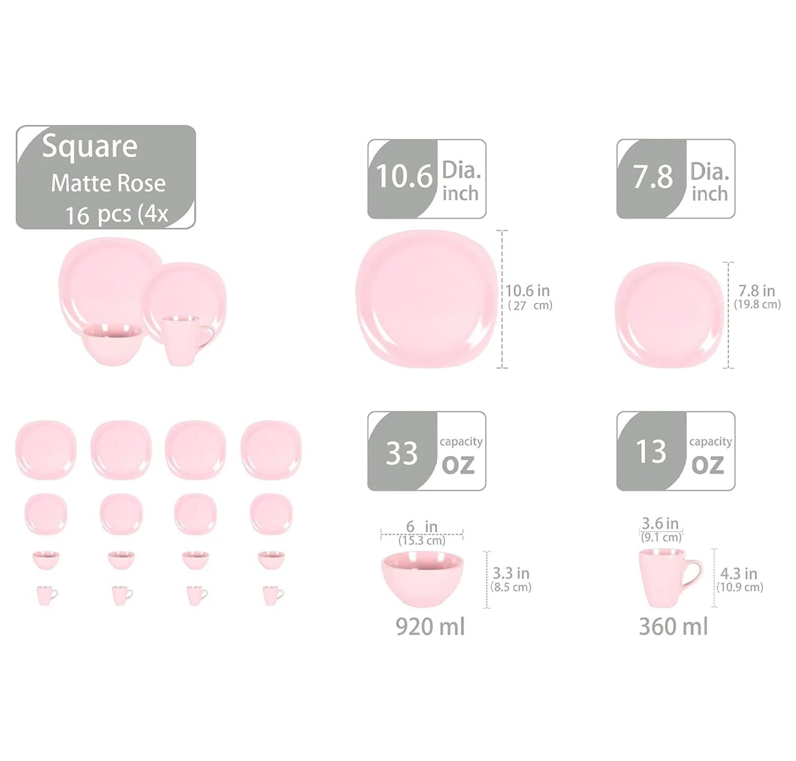 Stoneware Square 16pc Dinnerware Set, Matte Rosé