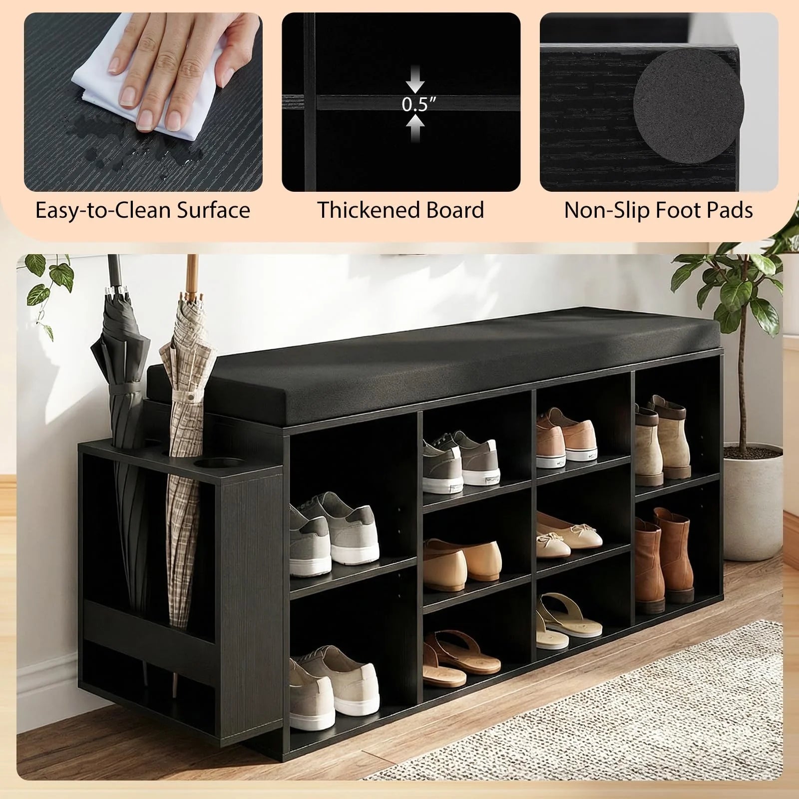 Tangkula Shoe Storage Bench with Umbrella Stand 10-Cubby Entryway Shoe Rack Organizer