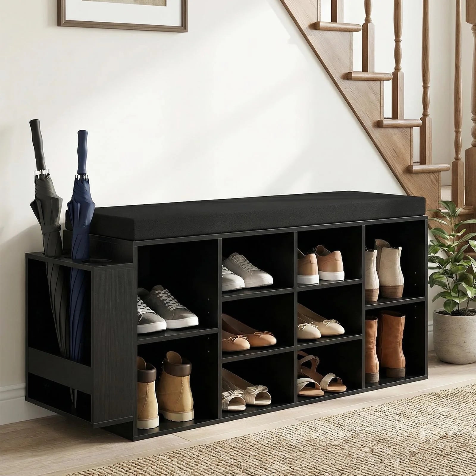 Tangkula Shoe Storage Bench with Umbrella Stand 10-Cubby Entryway Shoe Rack Organizer