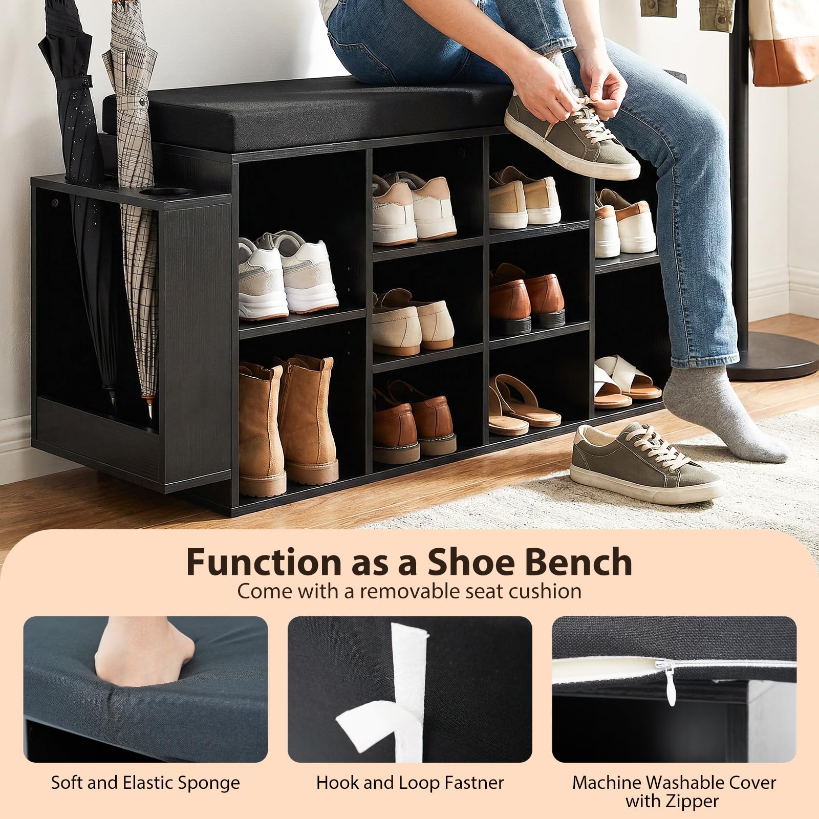 Tangkula Shoe Storage Bench with Umbrella Stand 10-Cubby Entryway Shoe Rack Organizer