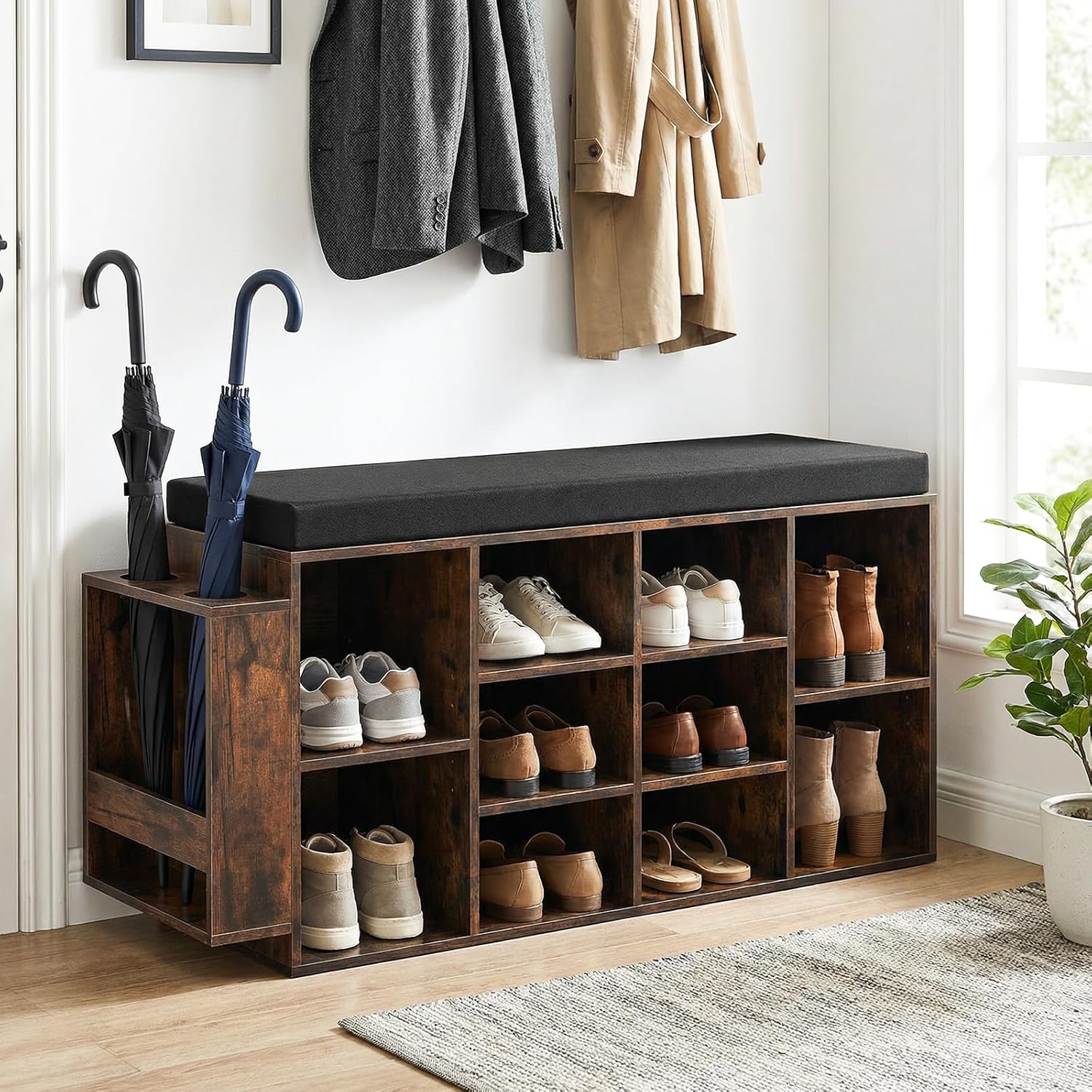 Tangkula Shoe Storage Bench with Umbrella Stand 10-Cubby Entryway Shoe Rack Organizer