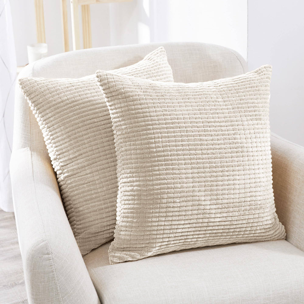 Deconovo Throw Pillow Covers Corduroy 18x18 inch Cream Stripe Pattern Square Soft Cushion Covers for Couch Bedroom Sofa Living Room Bed Chair Solid